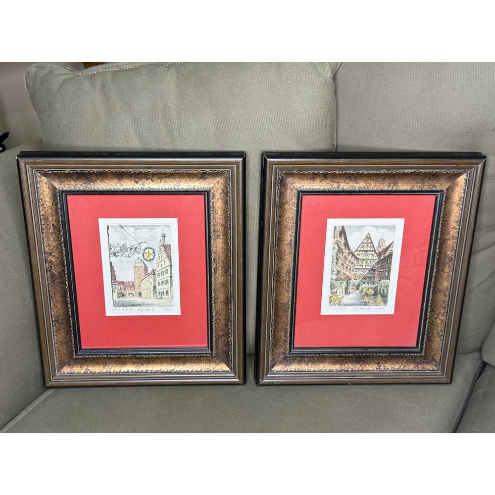 Pair of Signed Inge Reith & G. Miko Etchings Dinkelsbühl Germany Medieval Town